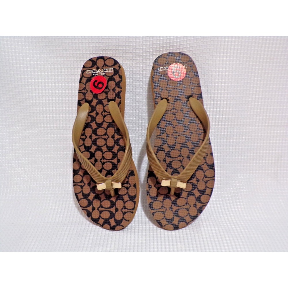 Coach‎ Brown Logo Monogram Pattern Gold Bow Accents Flip-Flops Thongs Size 6